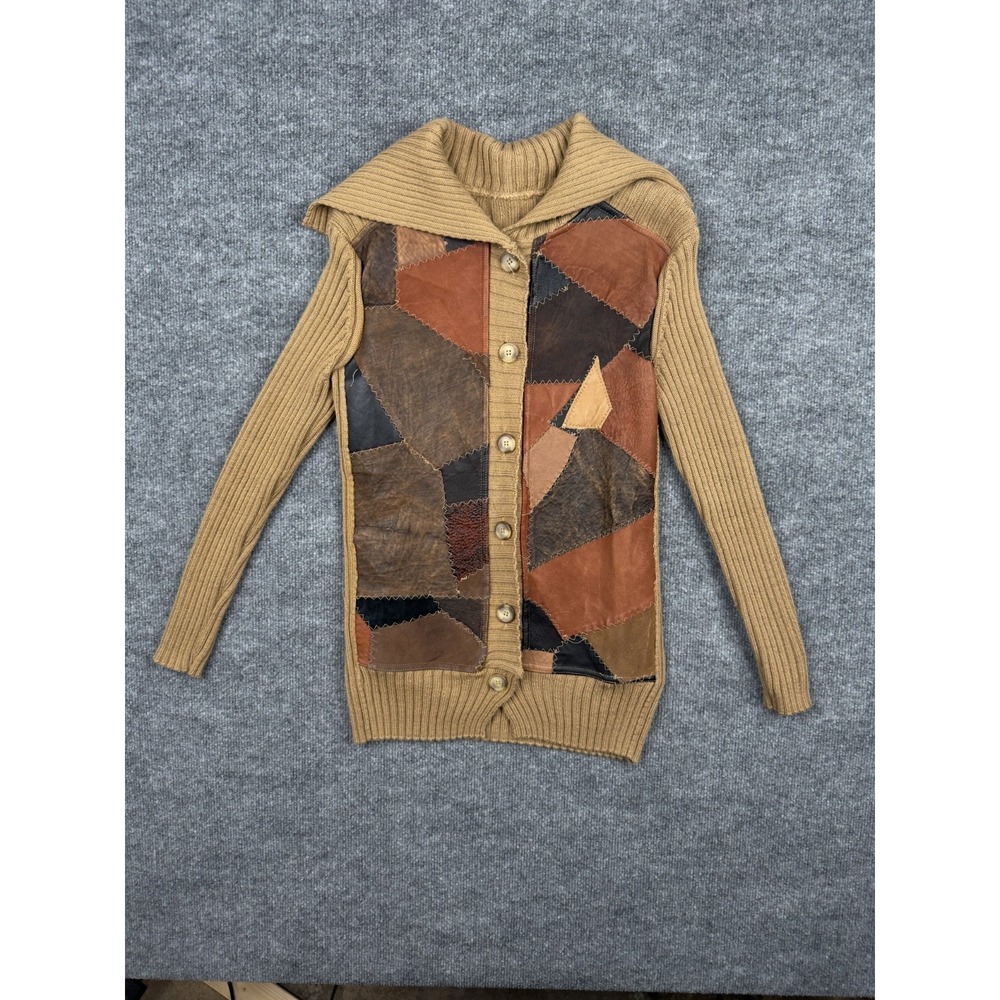 Vintage Patchwork‎ Leather Front Knit Cardigan Sweater Merino Blend Size M